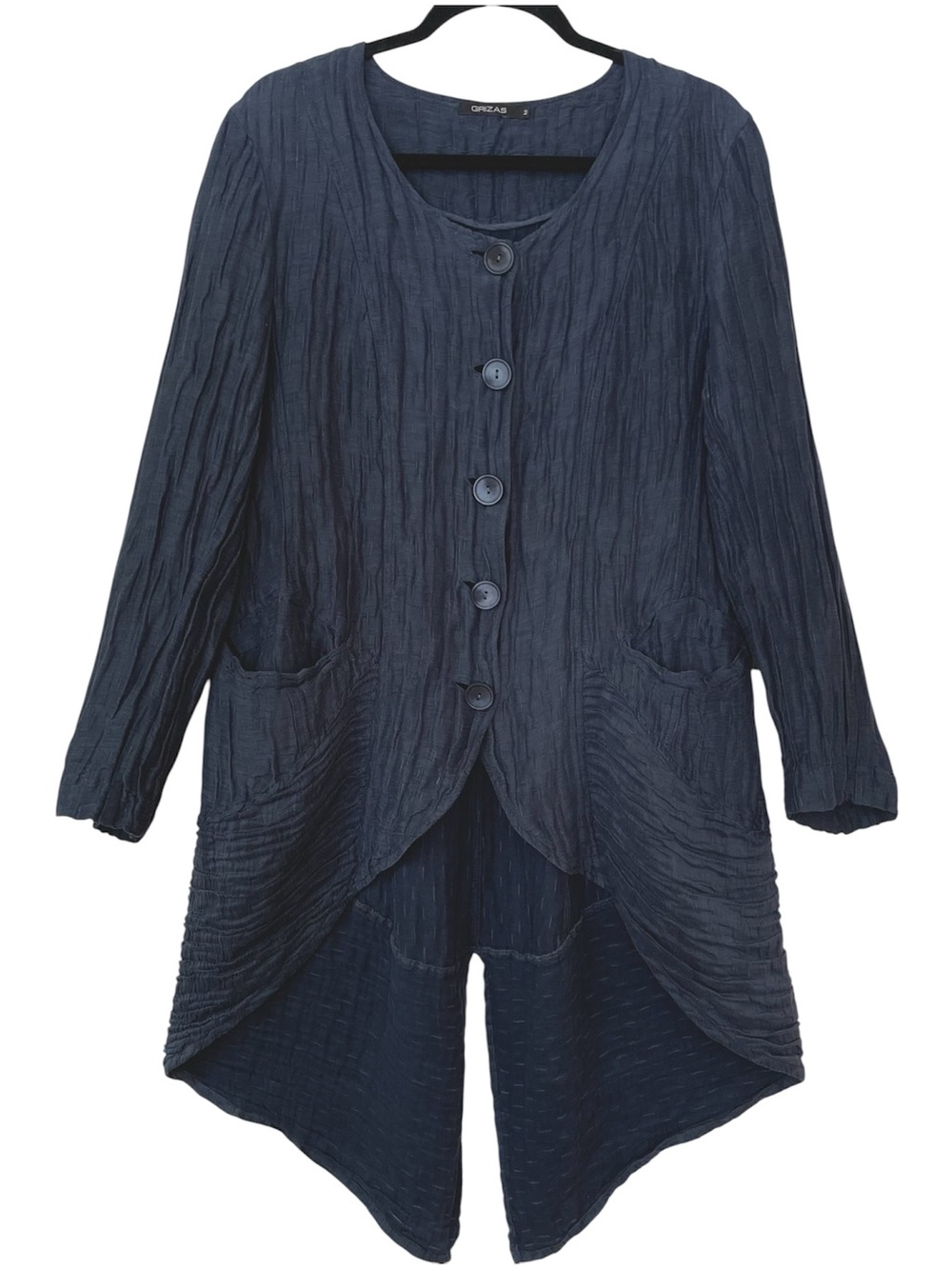 Grizas Crinkled Silk & Linen Tuxedo Jacket M Navy Lagenlook Artsy Morning Coat